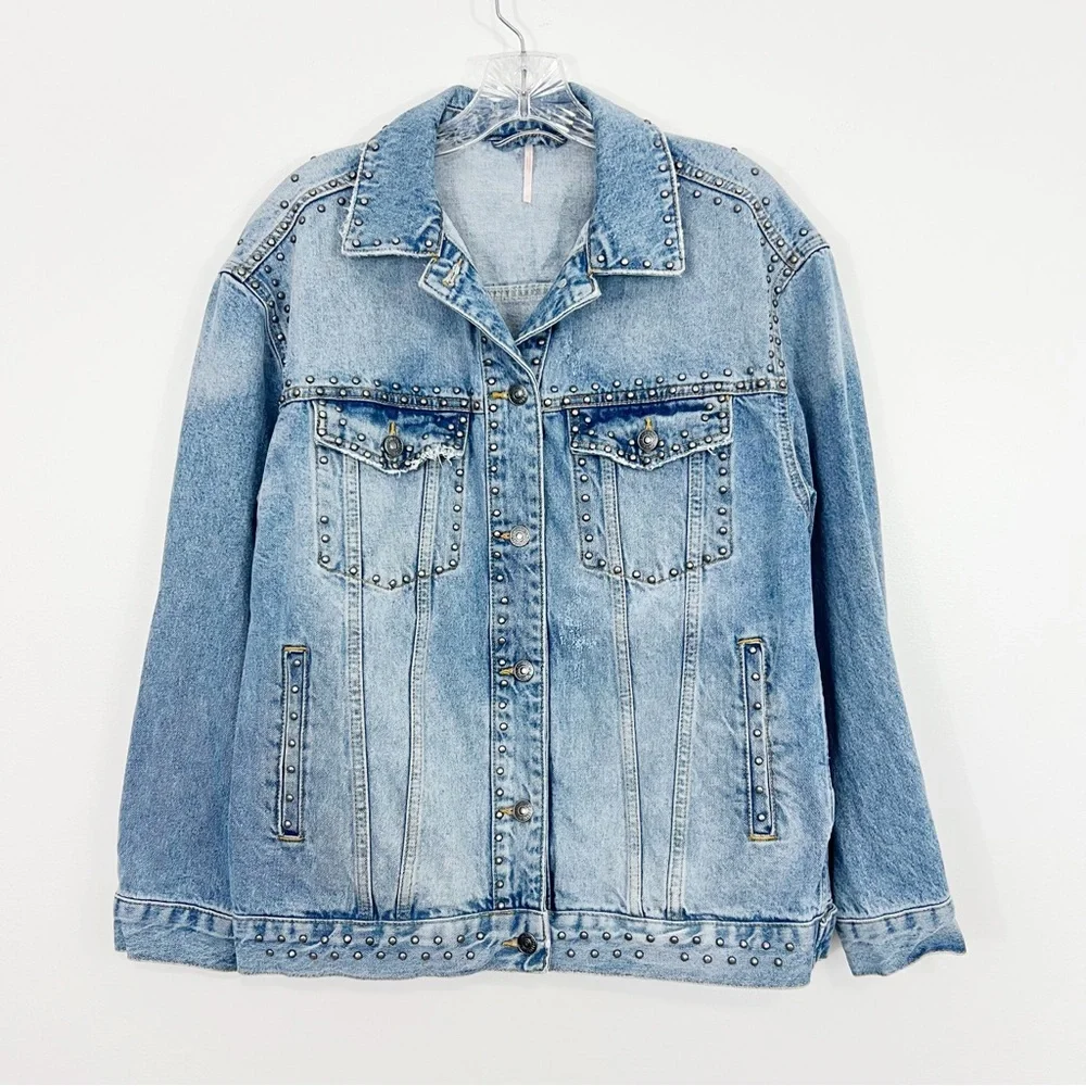 Free People Studded Denim Trucker Jacket in Blue Size Small - Picture 4 of 11